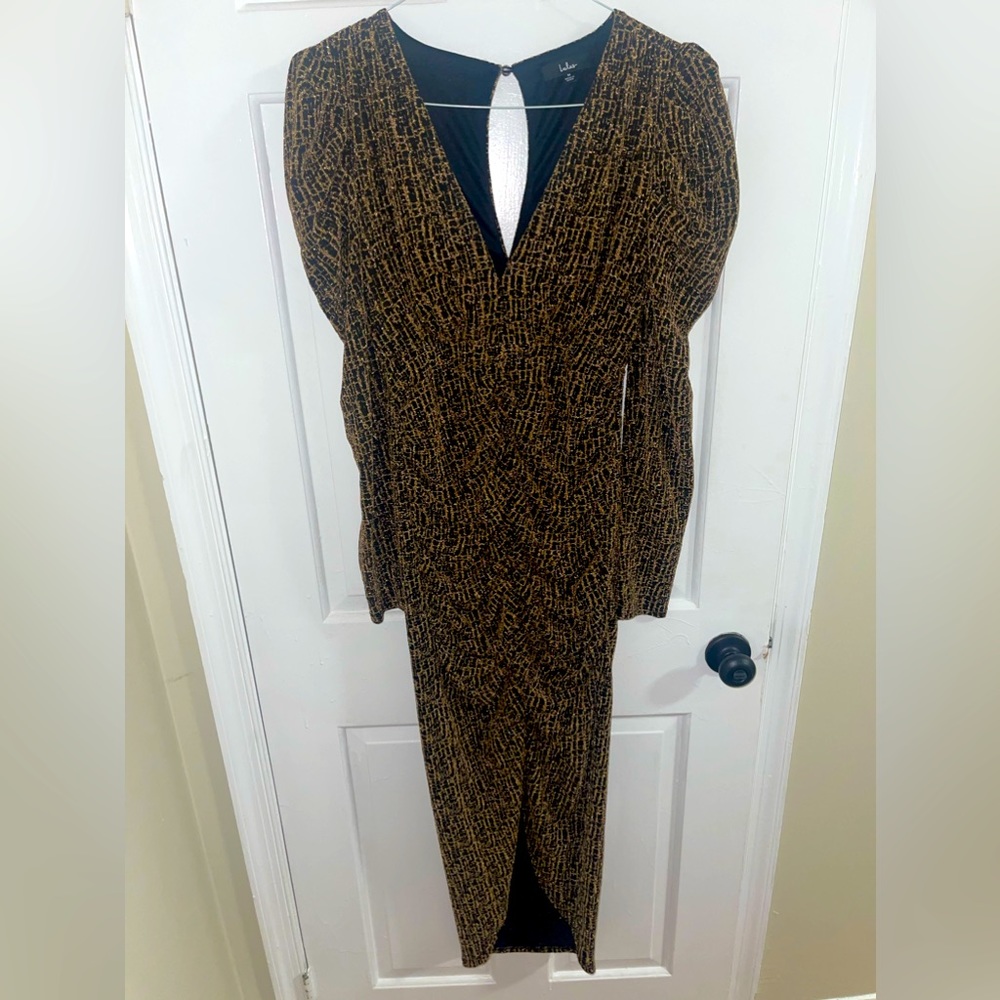 Party Glam Metallic Copper Long Sleeve Ruched Midi Dress